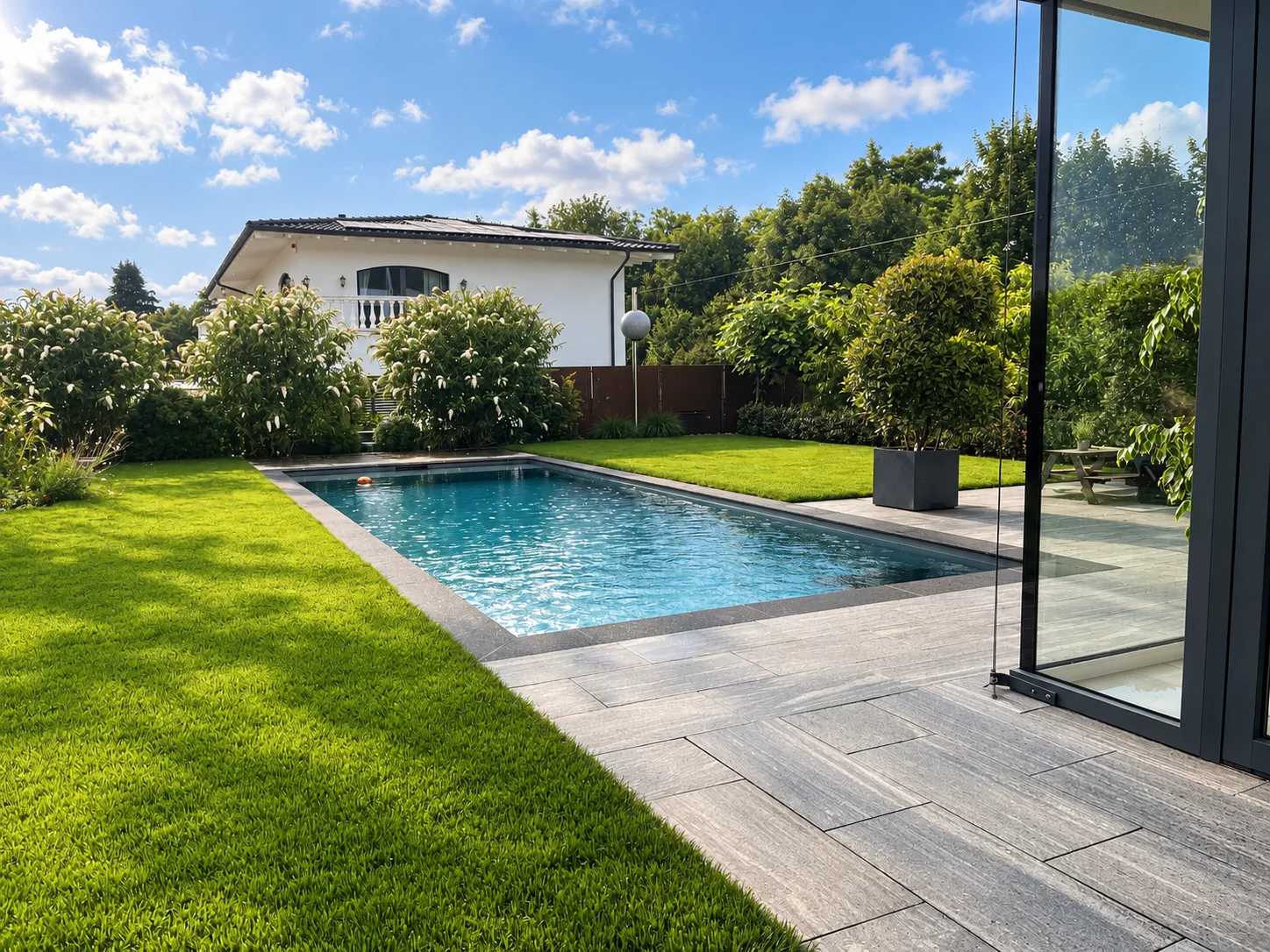 Fertiger rechteckiger Pool mit grauer Terrasse, Rasen und bepflanztem Garten