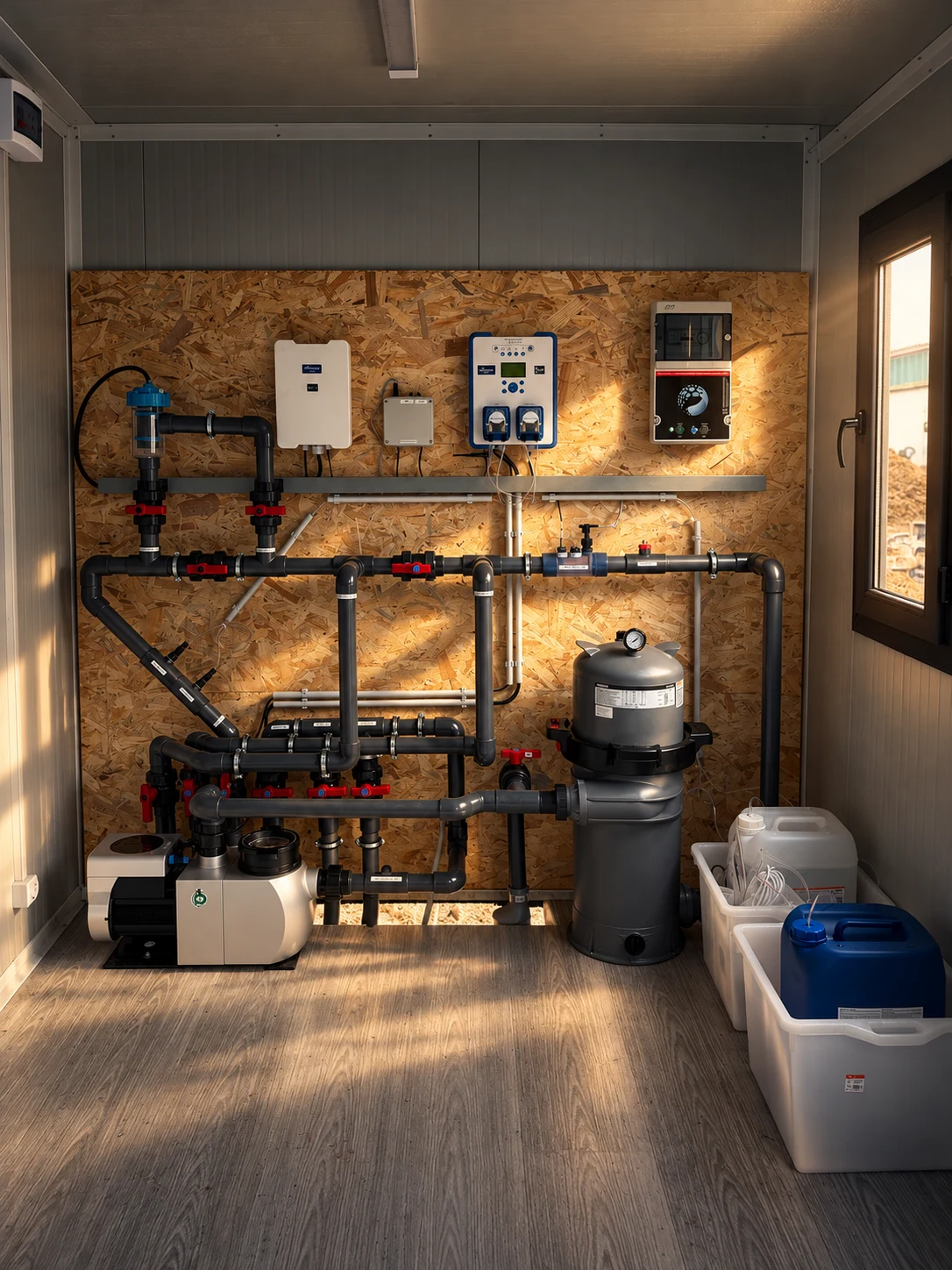 Technikraum des 8 × 4 Meter großen Pools mit Kartuschenfilter, regelbarer Pumpe und Hybrid-Dosieranlage
